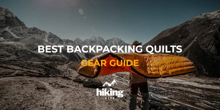 Best Backpacking Quilts: Man in the mountains holding an ultralight 3-season backpacking quilt