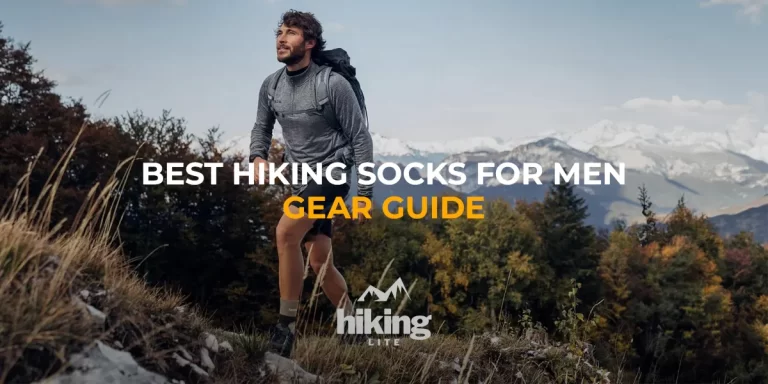 Best Hiking Socks for Men: A male hiker ascending uphill in scenic mountains