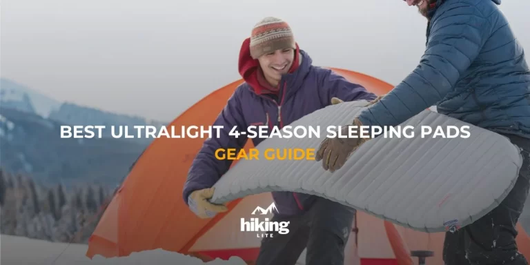 Hikers having fun and inflating a 4-season sleeping pad in wintry conditions