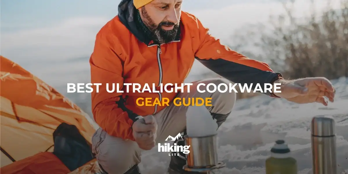 Hiker at a winter campsite melting snow in ultralight backpacking cookware