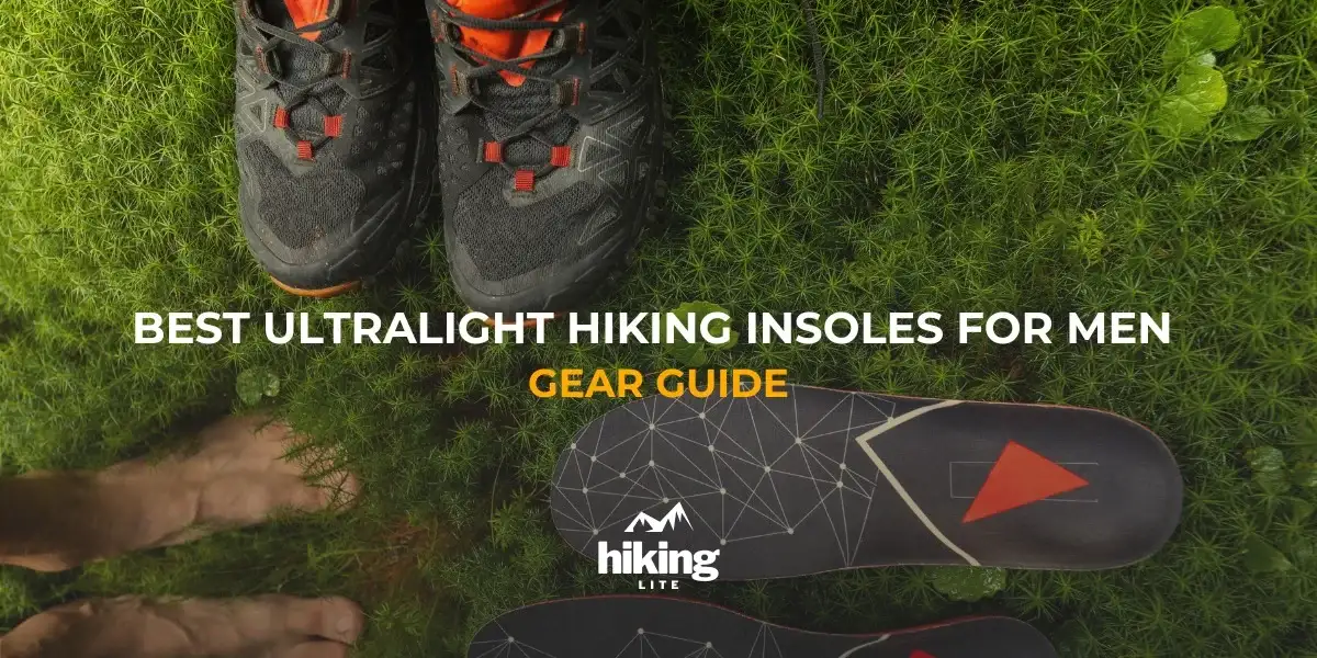Hiker's feet next to ultralight hiking insoles in the grass