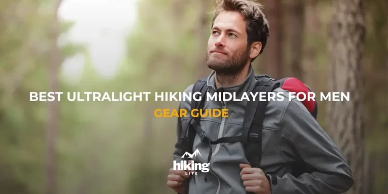 Hiking Midlayers: Smiling male hiker in a forest wearing an ultralight hiking midlayer