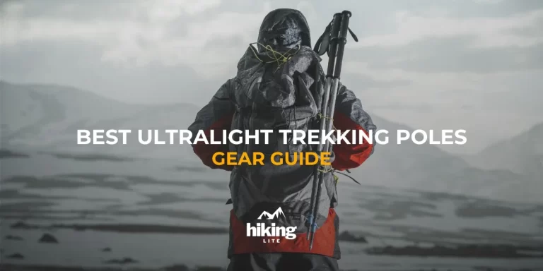 Hiker in extreme arctic conditions with ultralight trekking poles attached to backpack