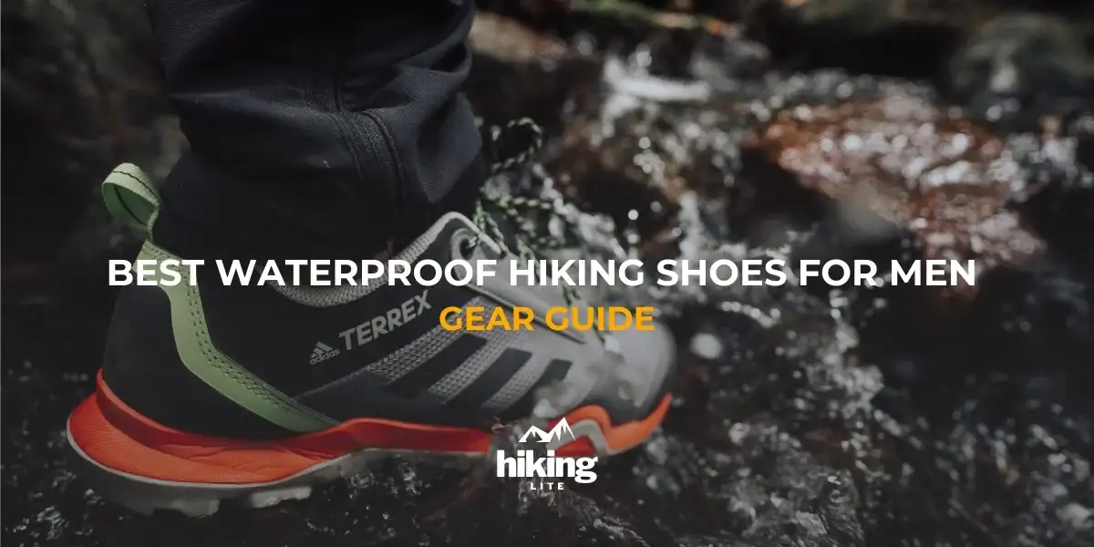 Close-up of a hiker wearing waterproof hiking trail runners