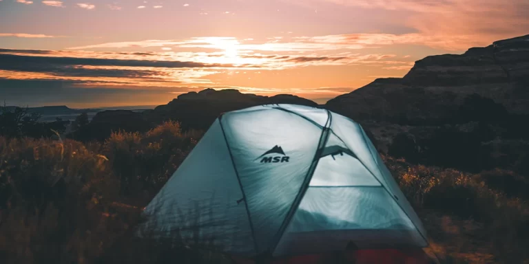 Tent Materials: The MSR 20d ripstop nylon tent bathed in the warm sunset glow