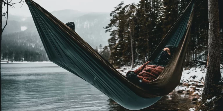 Winter Hammock Camping: A camper in a hammock in a wintery forest next to the mountains