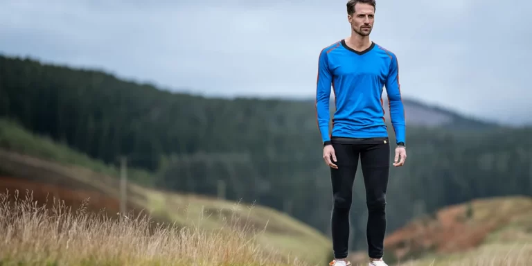 Base Layer Pants: A hiker wearing a complete set of base layer on a hilly trail