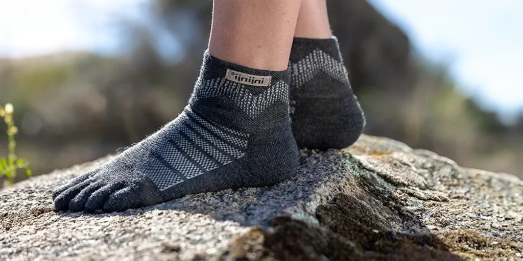 A close-up of Injinji ultralight hiking toe socks