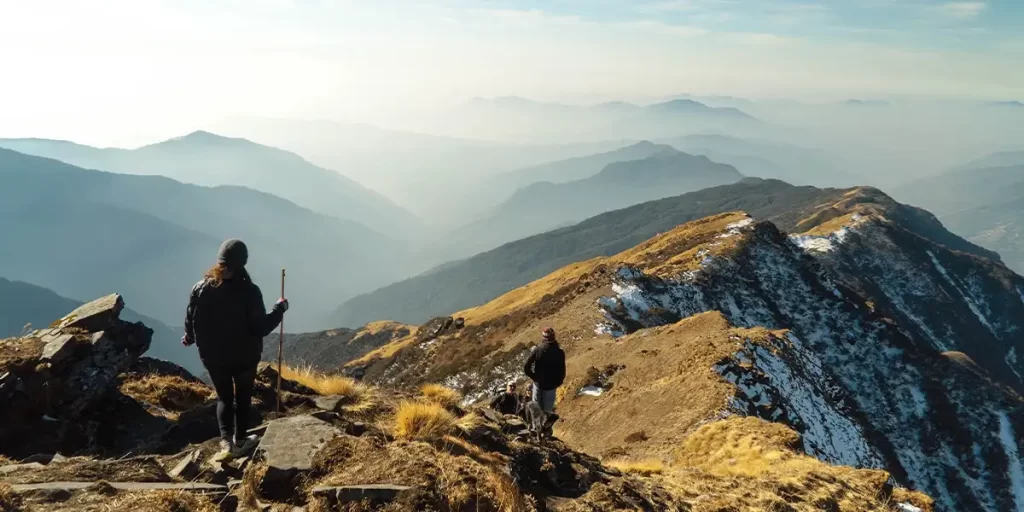Hikers using trekking poles to navigate a mountain hillside