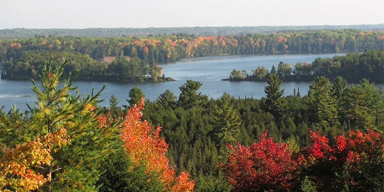 Vibrant fall foliage colors the forest hills overlooking a calm lake in Huron-Manistee National Forest