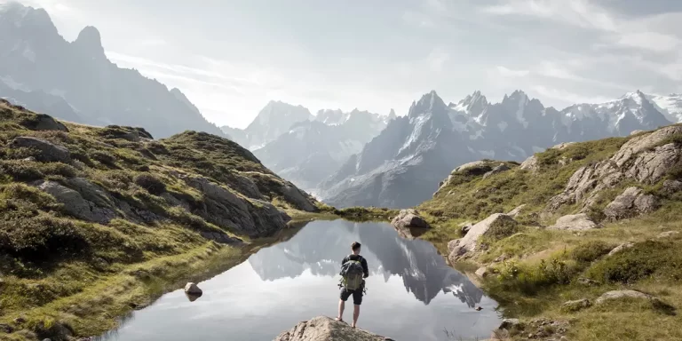Backpacking in France: A hiker in Chamonix-Mont-Blanc, France.