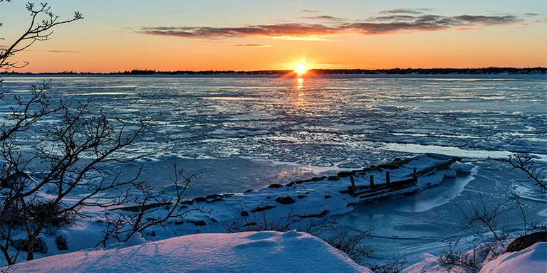 A lone bare tree stands tall on snow covered ground silhouetted against an orange and pink sky during sunset overlooking a frozen body of water